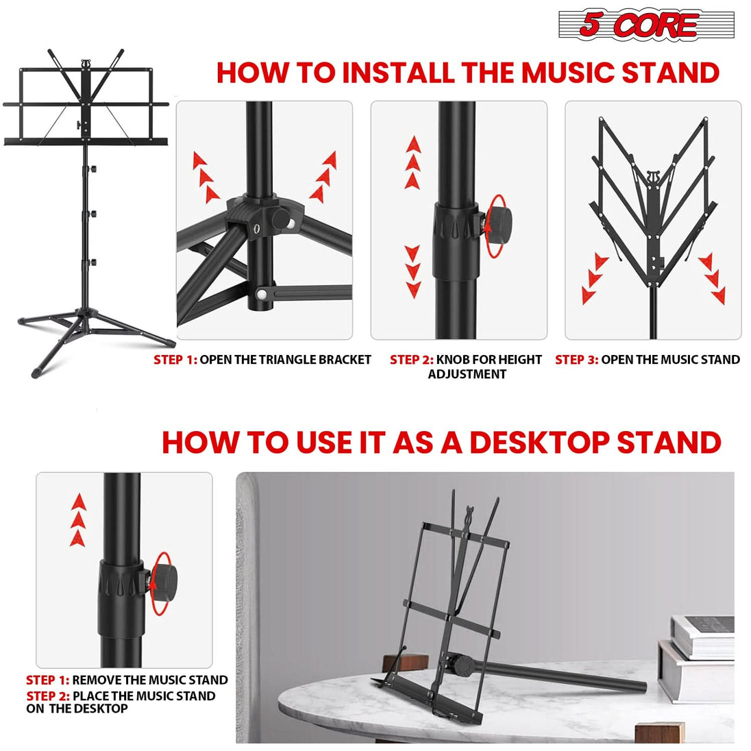 Music stand adjustable tripod folding note holder by 5Core for musicians