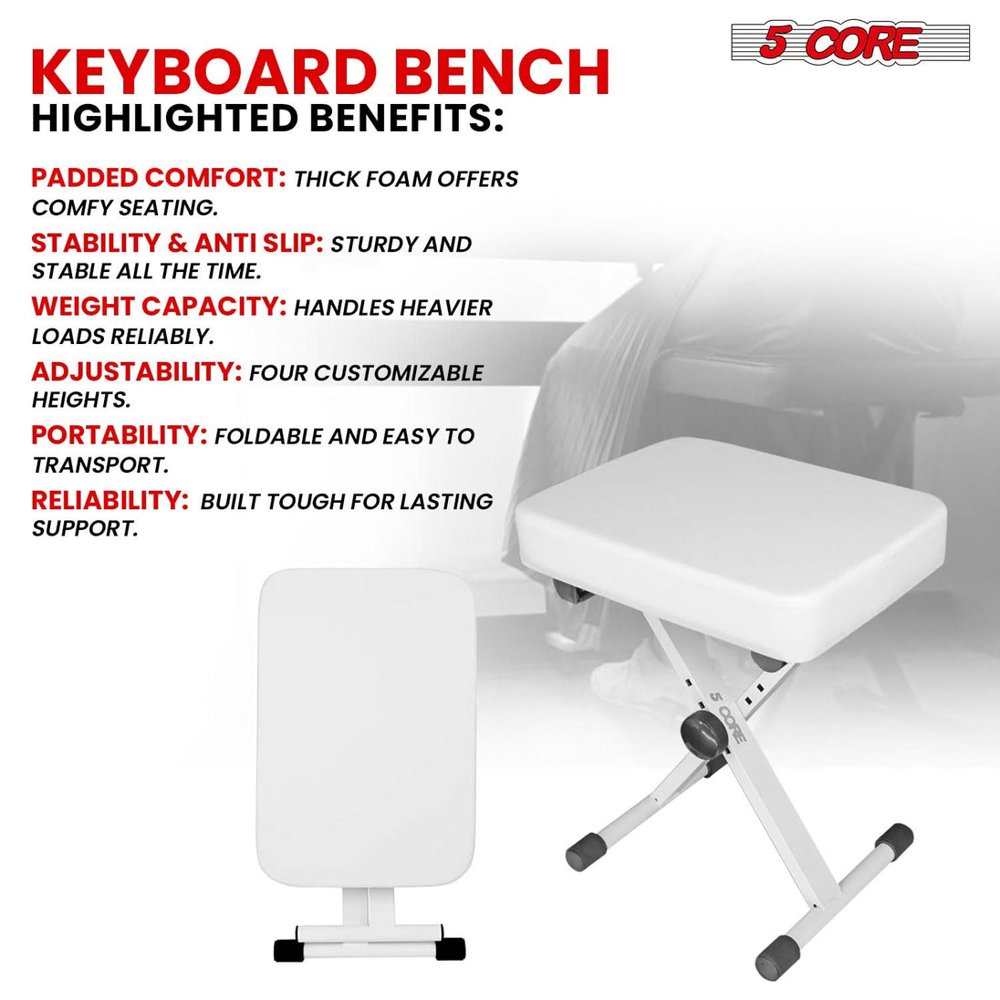 5Core X style white keyboard bench, adjustable heavy duty piano chair