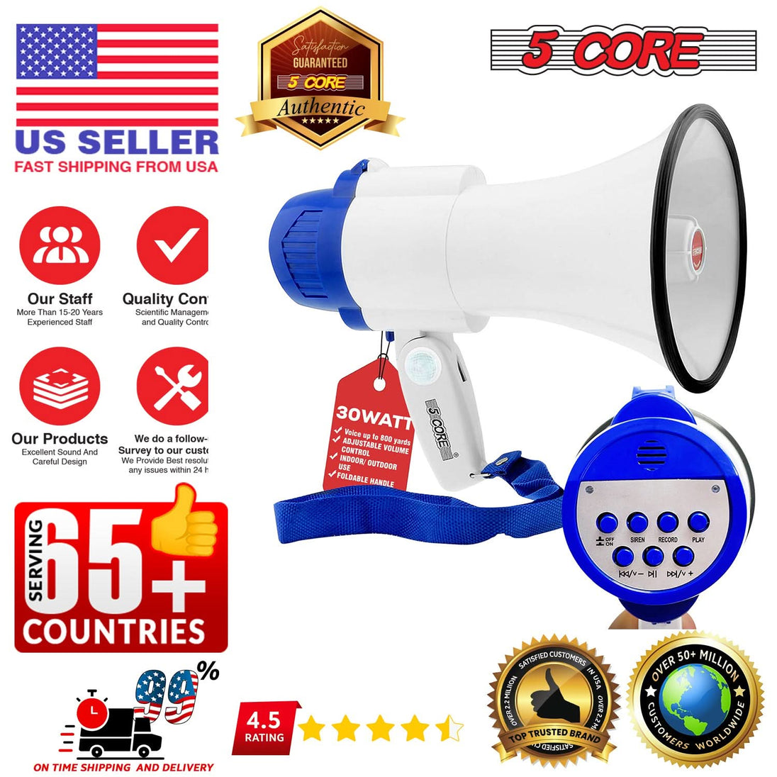 Portable bullhorn speaker with 800 feet voice projection range