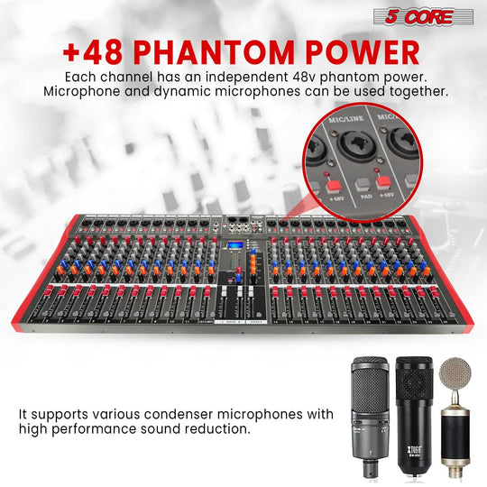 5Core professional audio mixing board, 24 channels with Bluetooth, USB, and analog for DJs