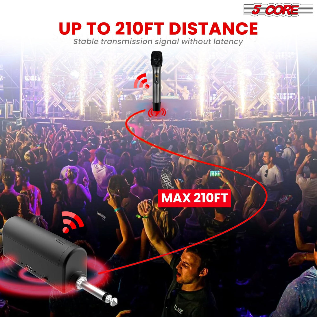 The wireless microphone system features a receiver that links seamlessly with any audio device for a flawless connection