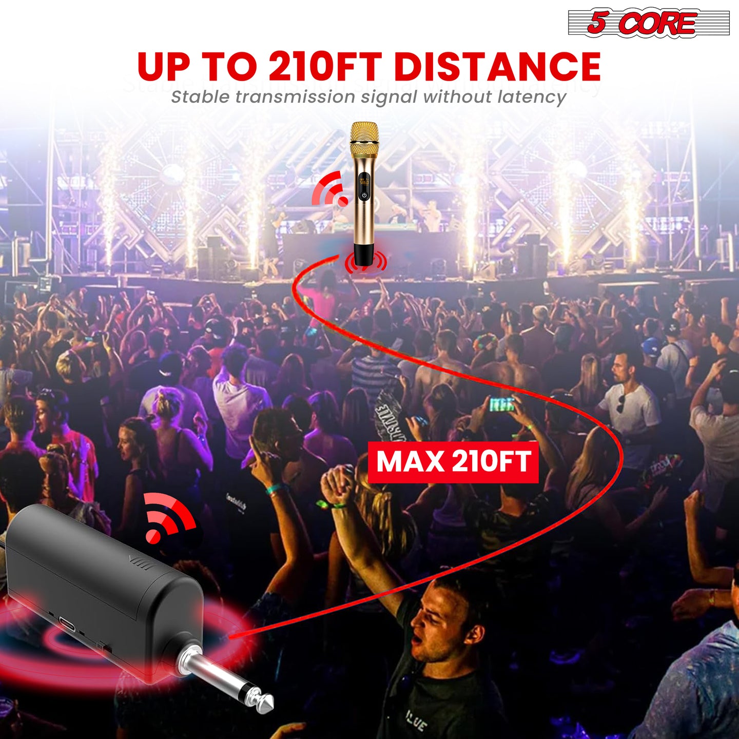 The wireless microphone system features a receiver that links seamlessly with any audio device for a flawless connection