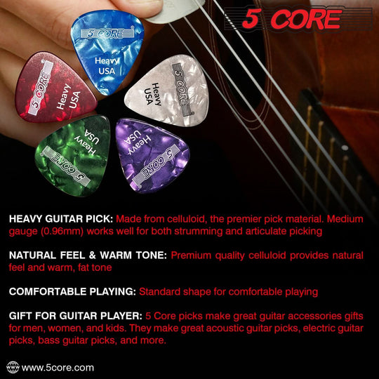 5Core 0.96mm white celluloid guitar picks for precise strumming and picking