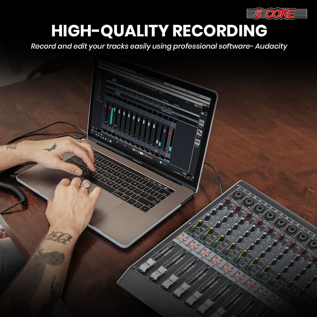 5Core professional DJ sound mixer with 24 channels, Bluetooth, USB, and analog mixing interface