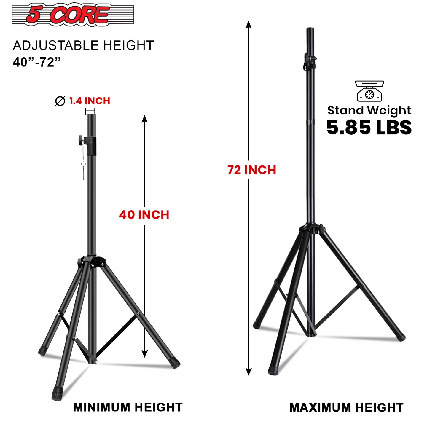 5Core black adjustable speaker stand tripod up to 72 inches for pole mount and studio use