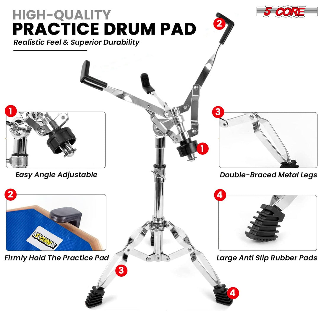 Comfortable 5Core drum seat and sturdy stand for snare exercises