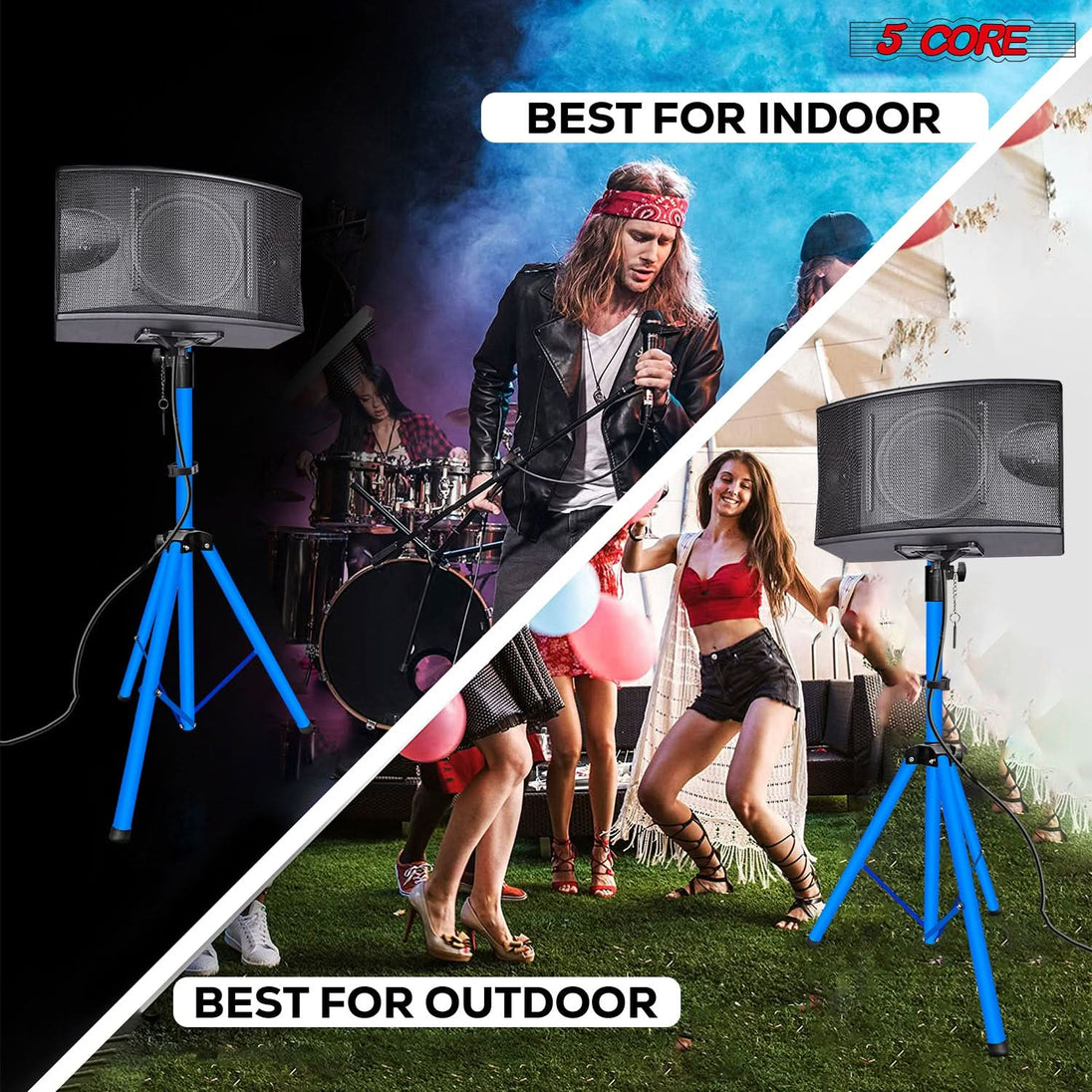 5Core studio speaker mounts with sky blue tripod base and height control