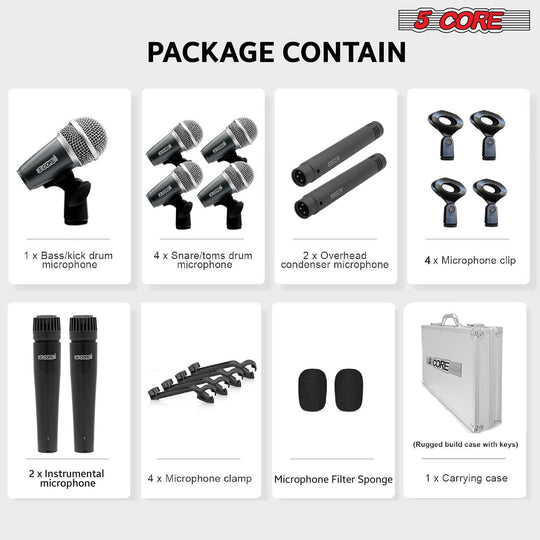 9-piece drumming microphone set with comprehensive mic options for full drum kit sound capture
