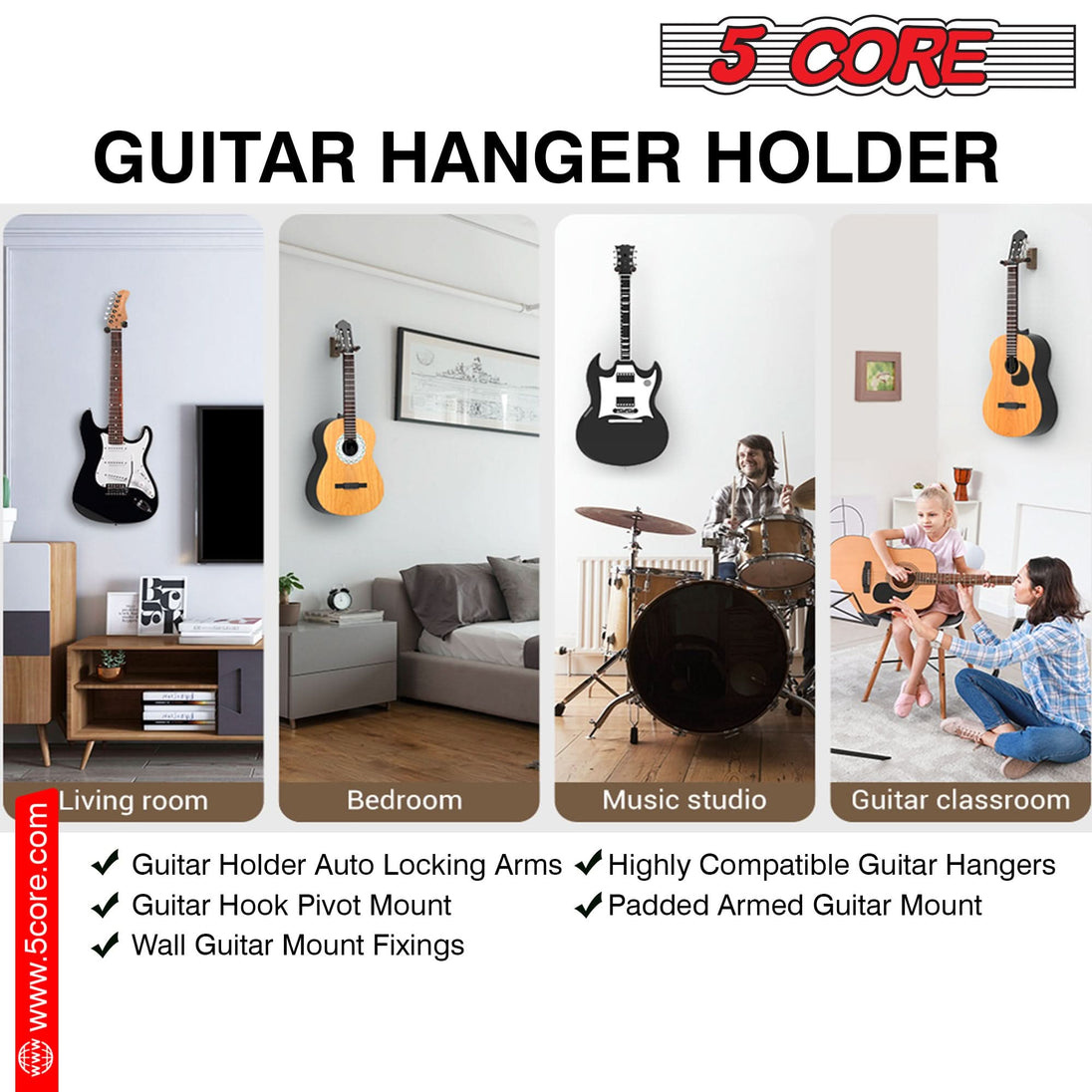 5Core wooden guitar hanger providing safe vertical wall storage