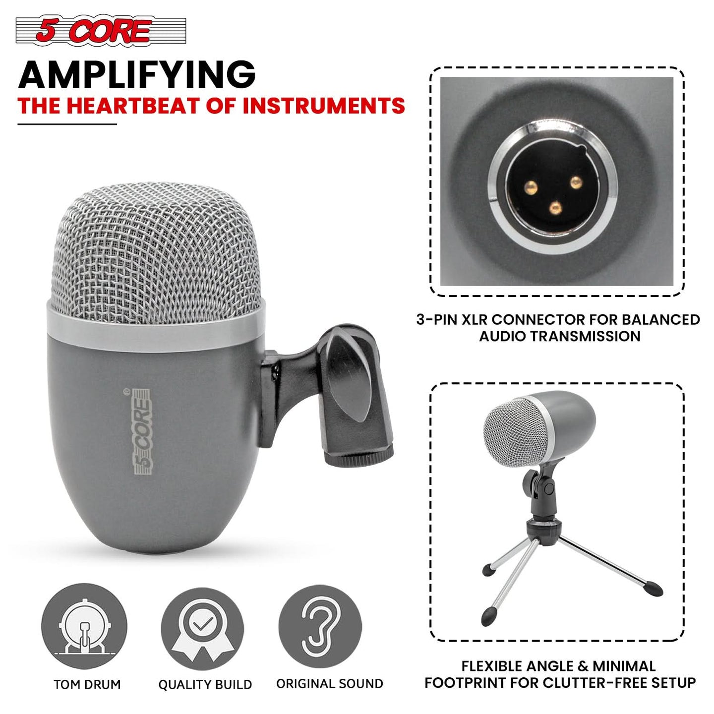 Grey 5Core conga microphone with XLR, ideal for snare and tom drum kit