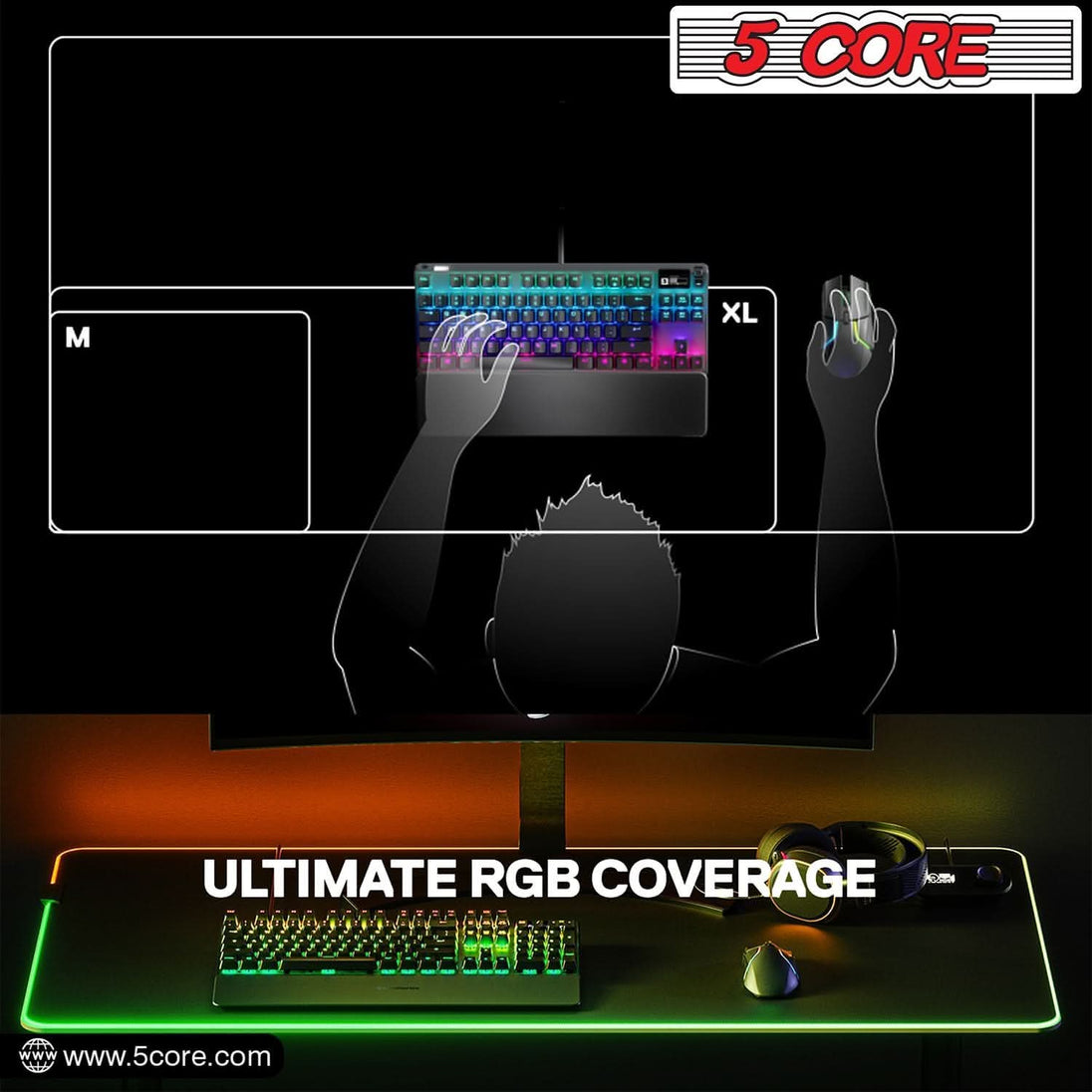 5Core RGB mouse pad for gaming with 12 light modes and soft rubber base for comfort