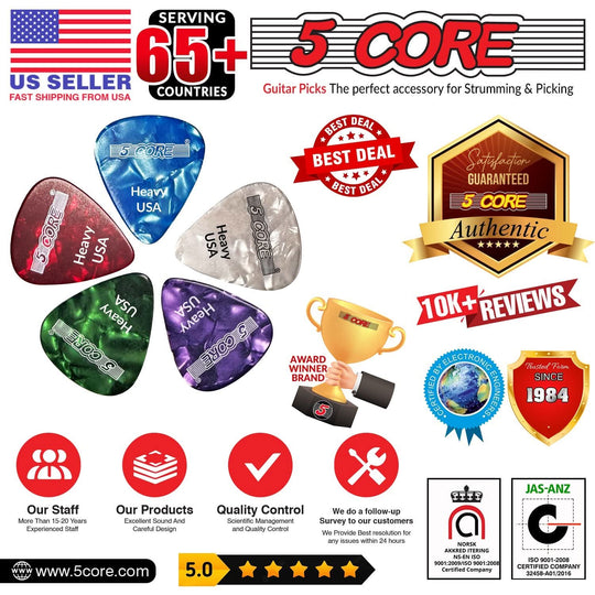 Strong 5Core 0.96mm guitar picks in white for precision and durability