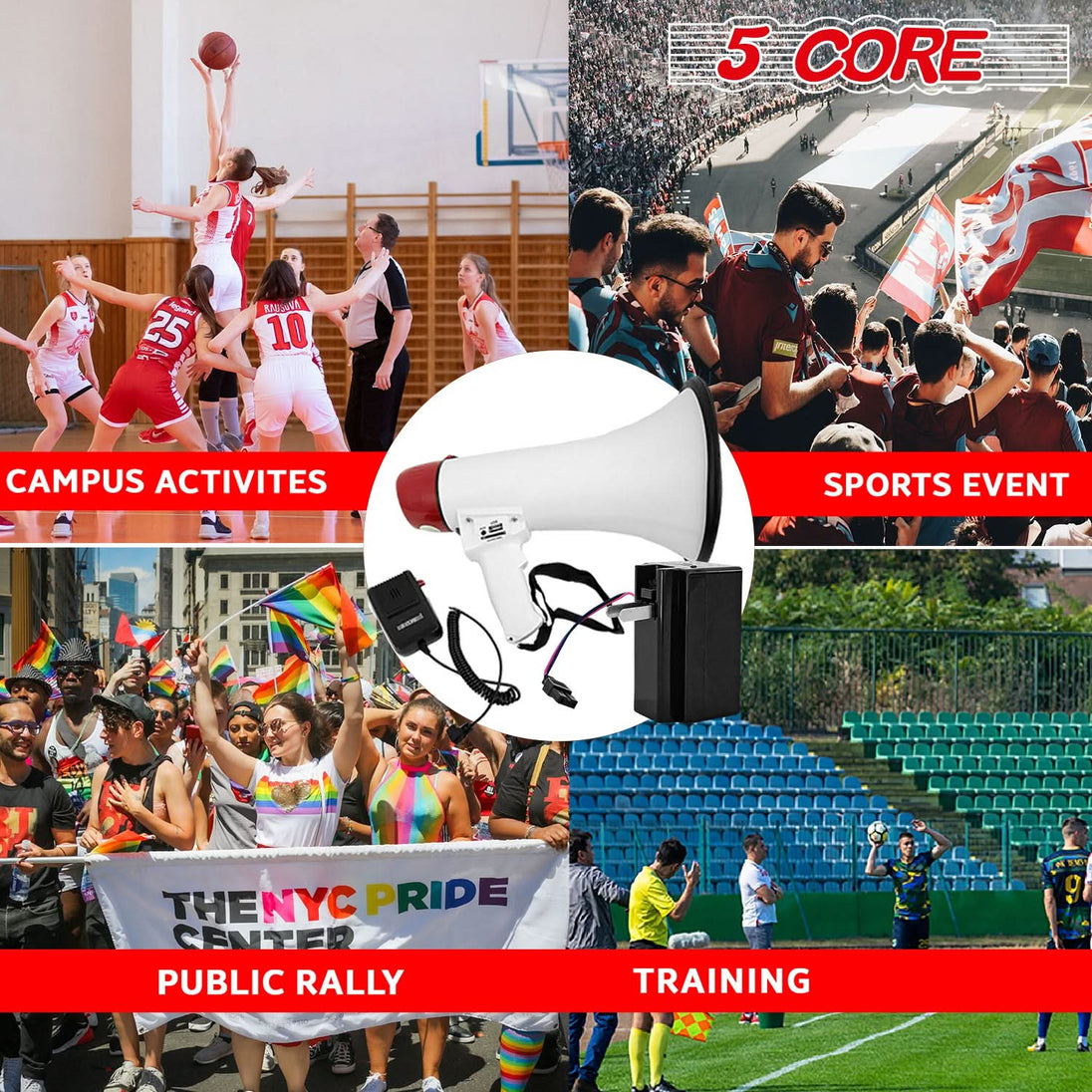 Multi-functional bullhorn with handheld mic, PA mode, USB/SD card input, volume control, and broad audio coverage.