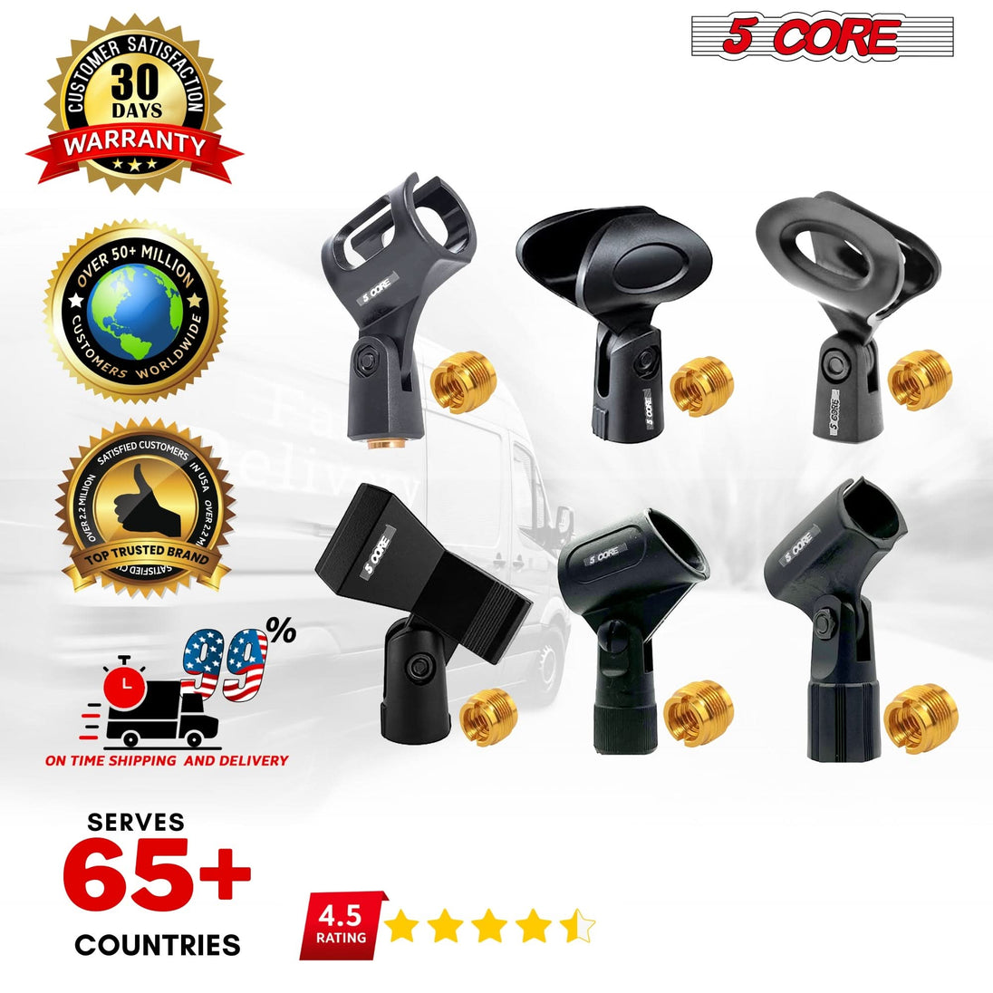 5 Core multi pack of 6 microphone clip holders with universal screw adapters
