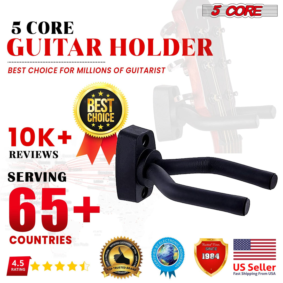 Guitar Wall Mount Hangers by 5 Core - Soft Padded Hook with Screws for Display