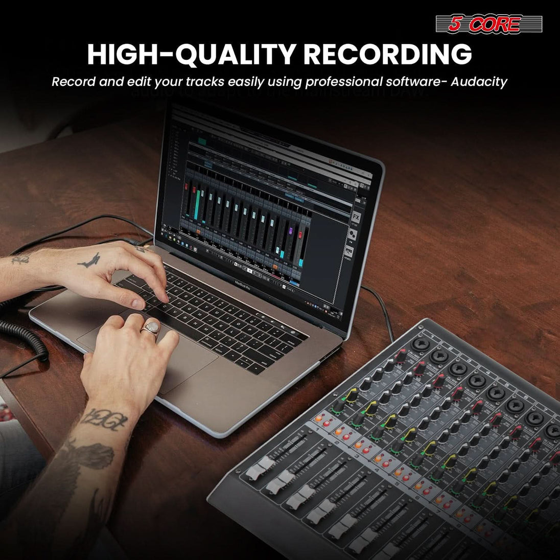5Core 16-channel DJ soundboard with Bluetooth, USB, and analog audio interface for professional use