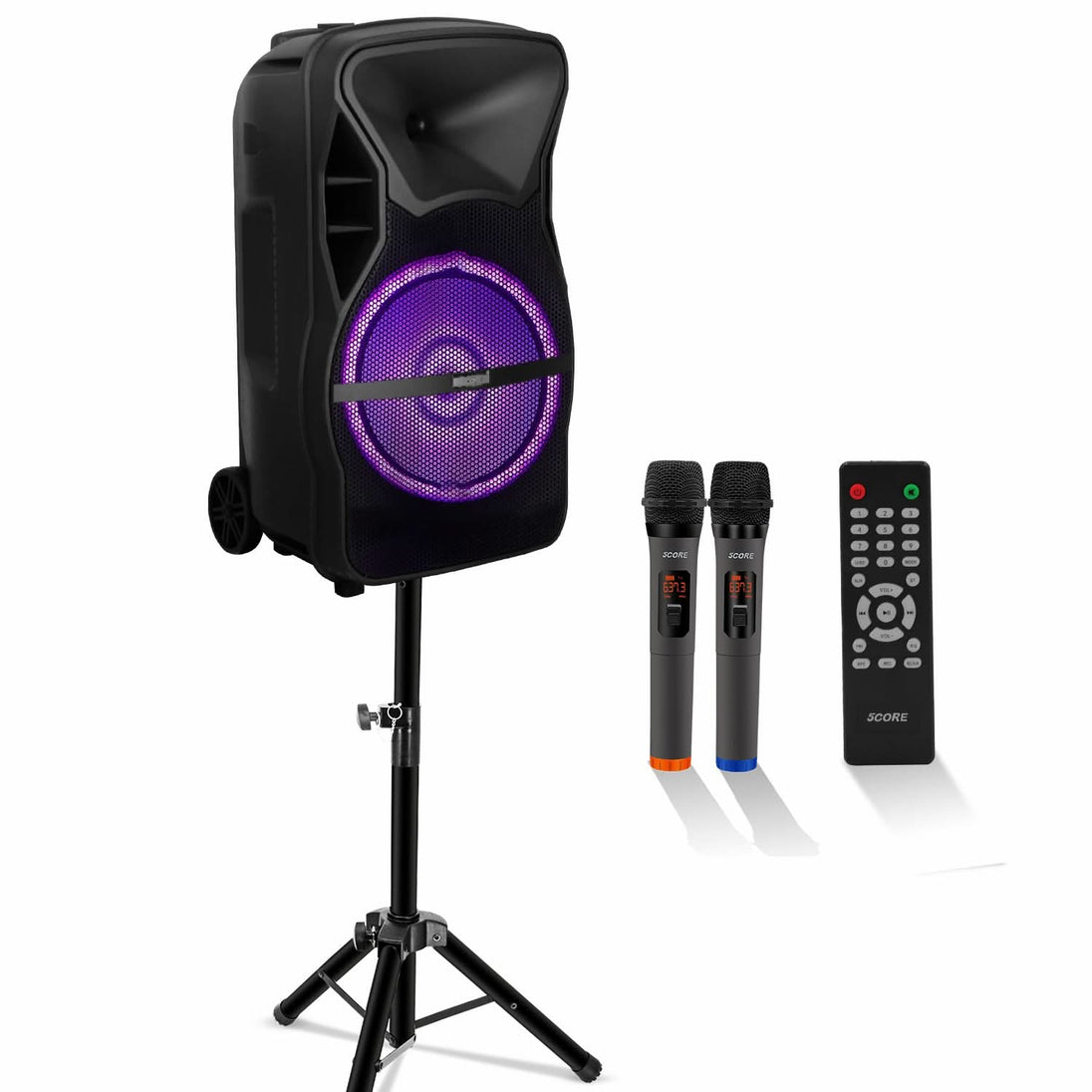 Portable PA system with 2 wireless mics and 1 speaker stand for versatile and convenient audio setup.