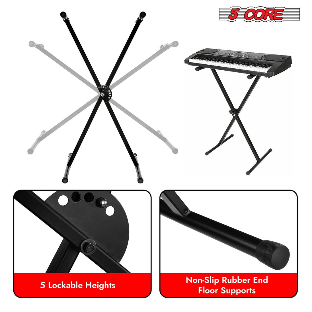 5Core black single X style keyboard stand adjustable for 49 to 88 keys lift riser
