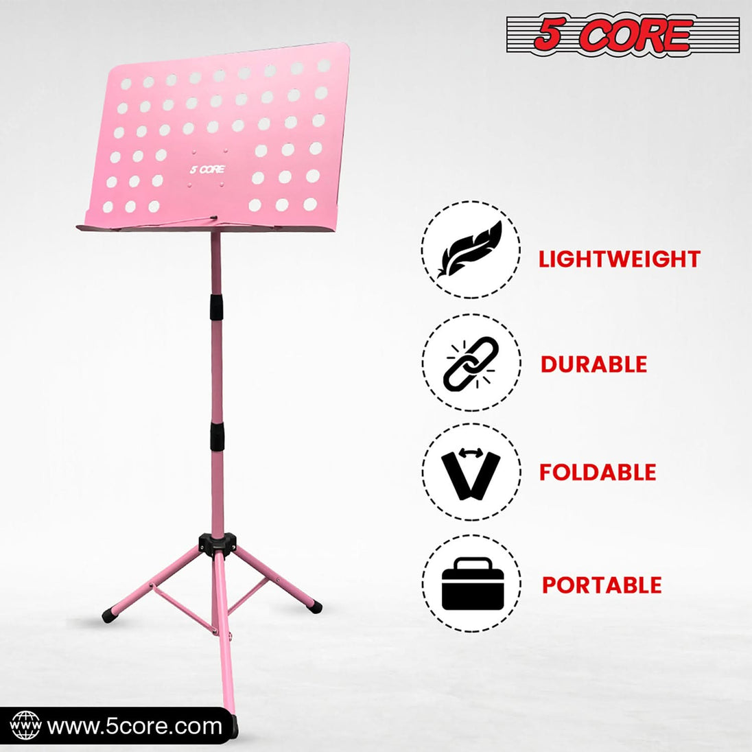 Pink sheet music holder tripod folding stand by 5Core adjustable