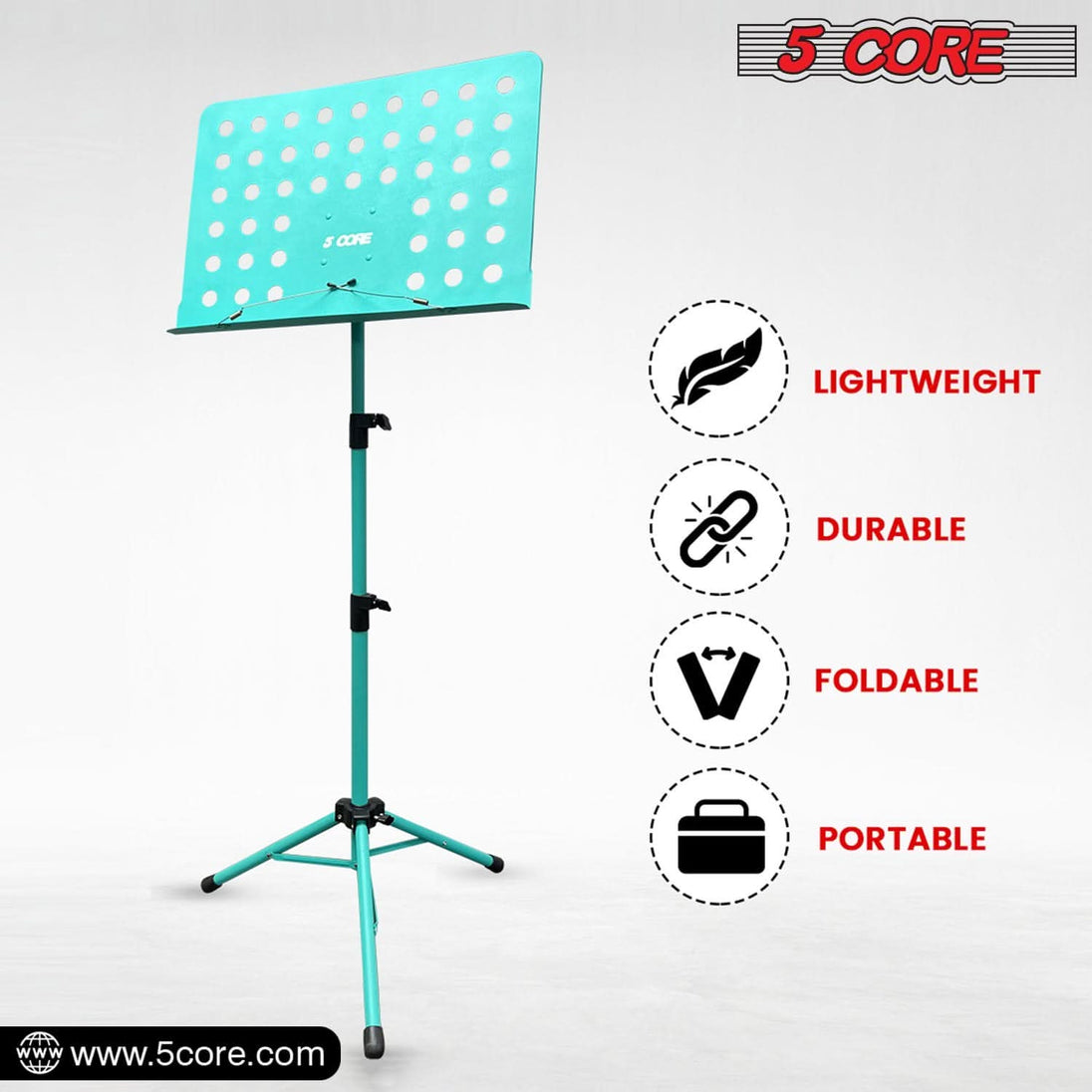 5Core tripod music stand, portable folding sheet music holder with adjustable height