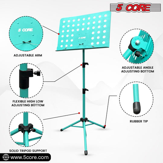 5Core portable music stand, adjustable folding tripod note holder for sheet music