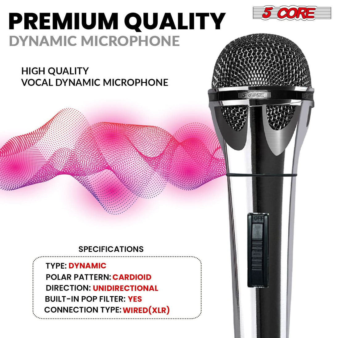 5Core dynamic XLR microphone handheld mic for clear sound in studio and karaoke