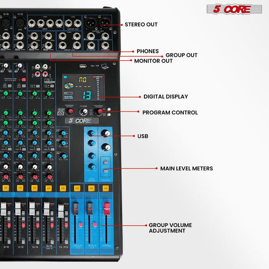 Feature-rich 5Core audio mixing board with digital effects