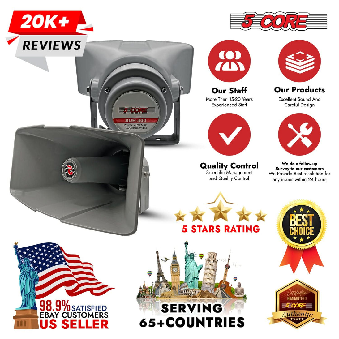 5Core 8x16" outdoor PA horn loudspeaker, 40W RMS with siren and megaphone driver