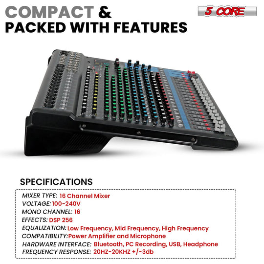 Durable 5Core DJ mixer with clear labeling and easy navigation