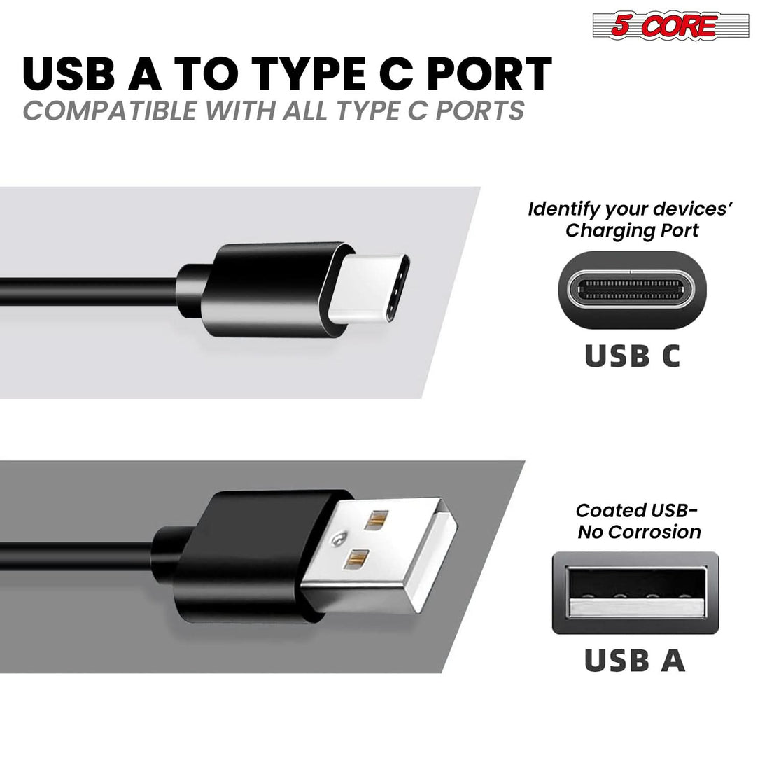 Durable black Type-C cords by 5Core for charging and syncing devices