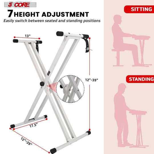 Adjustable double X style piano stand with bench 5Core WHITE
