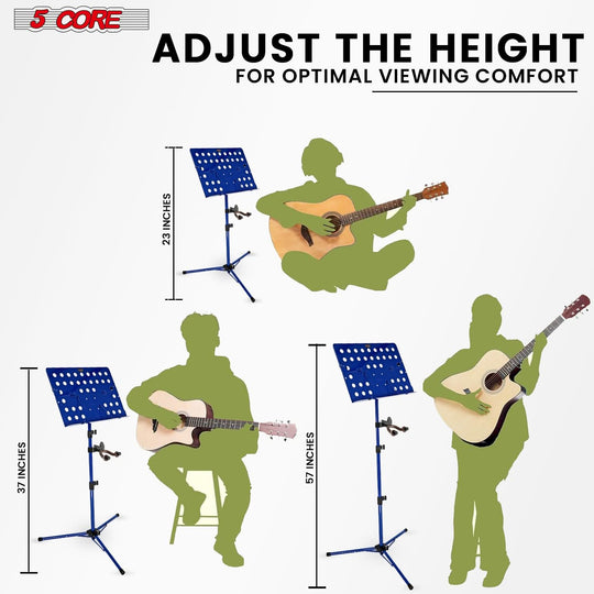 Tripod sheet music stand blue adjustable folding by 5Core