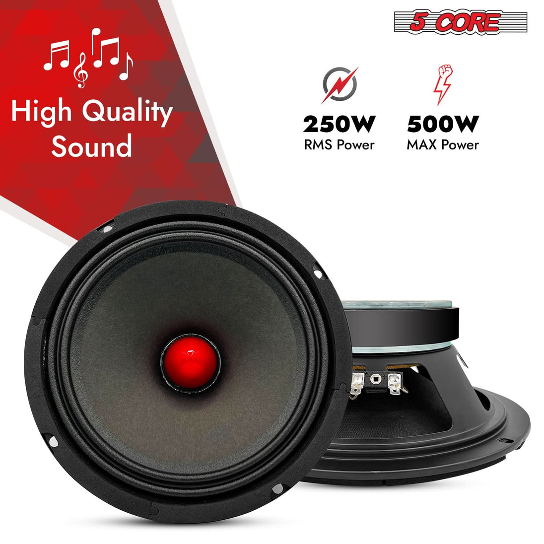 5Core 8 inch subwoofer pair with 8 Ohm impedance and durable construction