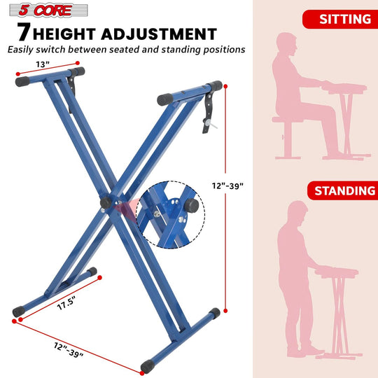 Adjustable double X style piano stand BLUE with black bench by 5Core