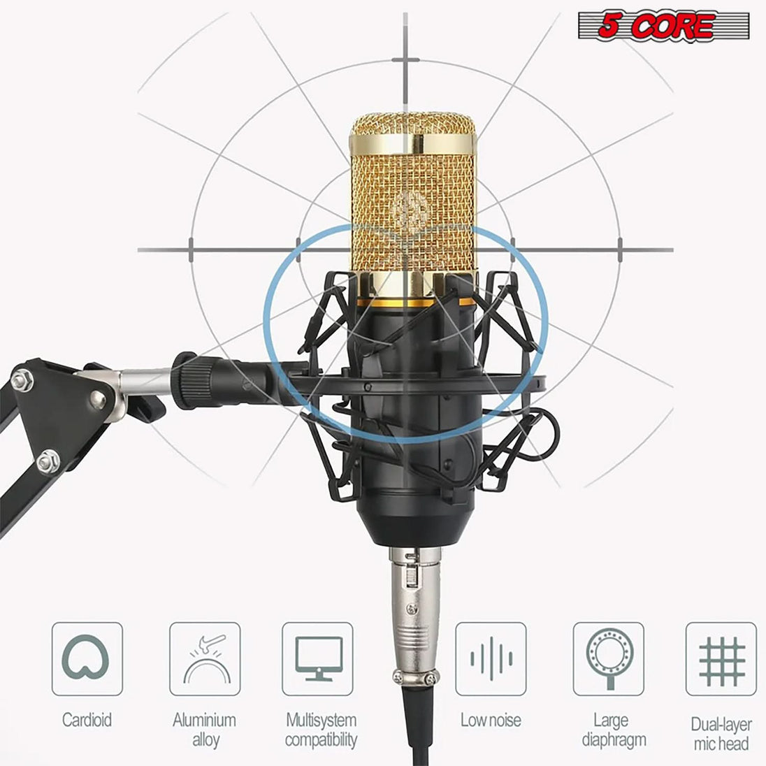 5Core professional condenser cardioid microphone podcast bundle with boom arm for recording