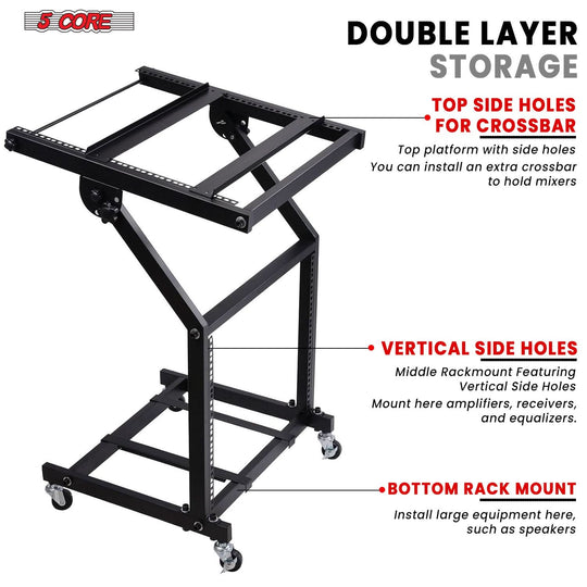 5Core 9U adjustable DJ mixer stand rack mount rolling stage cart with wheels for studio equipment