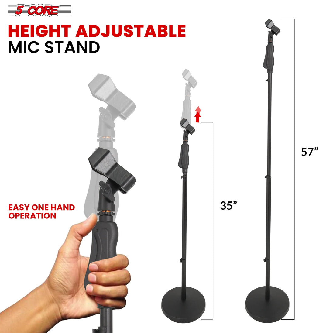 5Core adjustable microphone stand, 35 to 57" height with round base and metal build