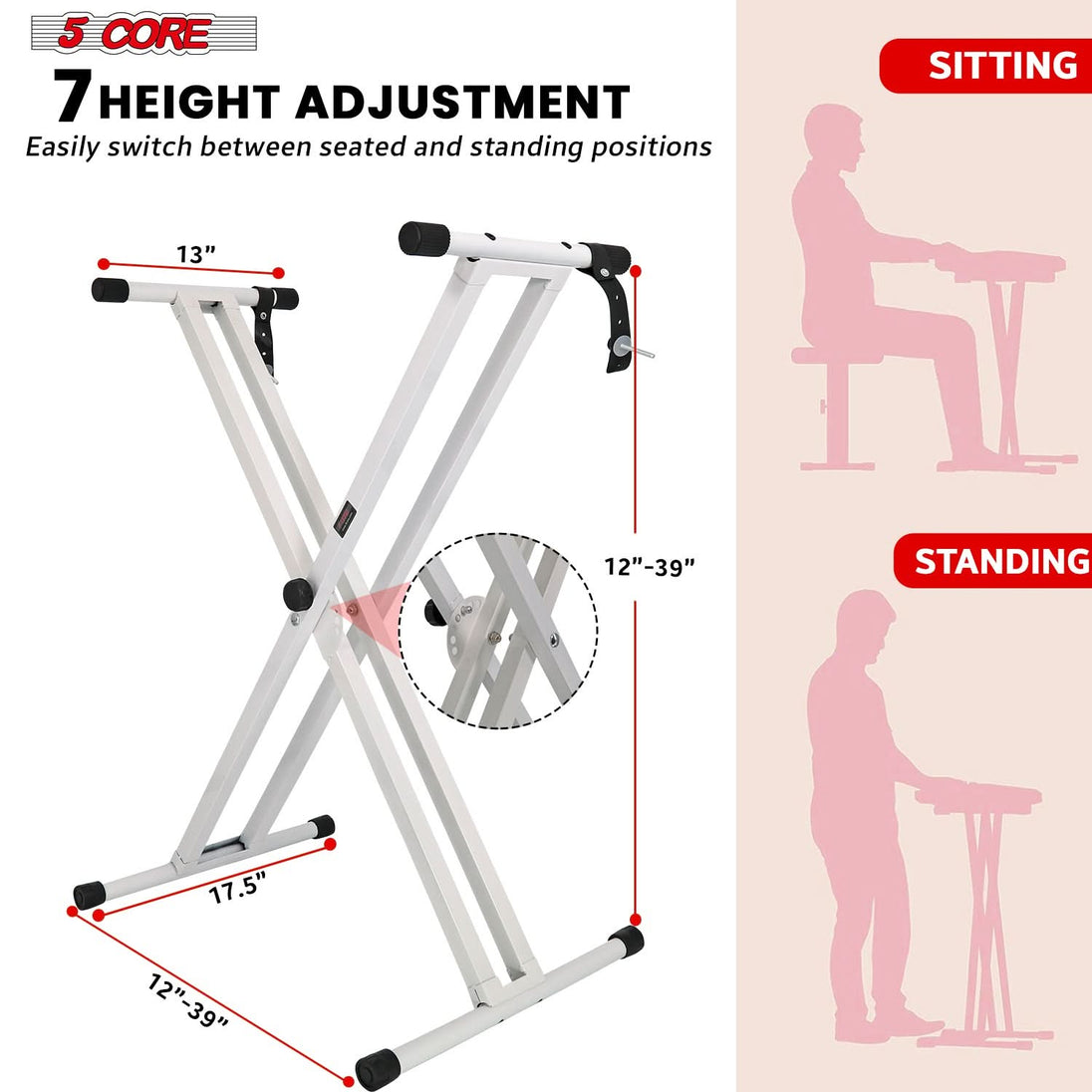 White adjustable piano riser with double X design by 5Core