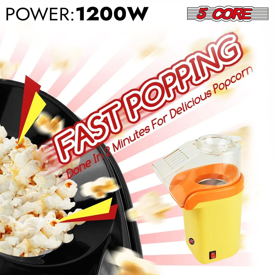 Compact 5Core hot air popcorn maker with yellow design for quick snacks