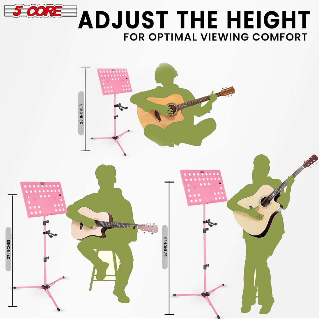 5Core pink tripod music stand for sheet music, adjustable and folding note holder