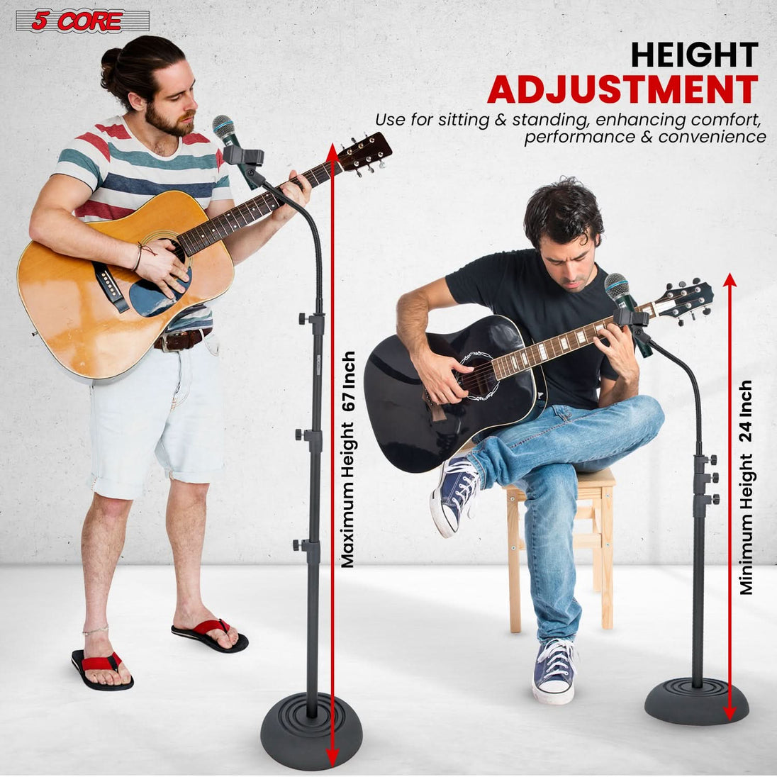 5Core heavy-duty adjustable microphone stand with gooseneck, round base, universal fit