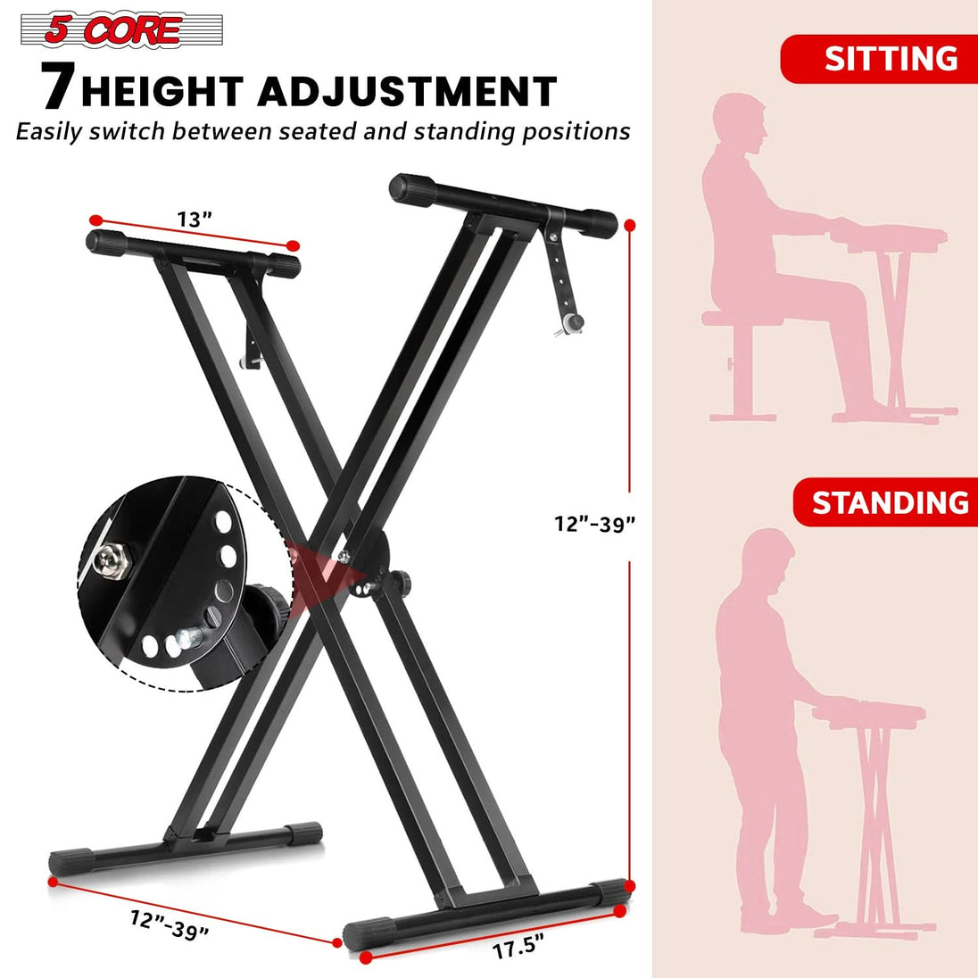 Adjustable piano riser with heavy-duty metal frame in sleek black finish