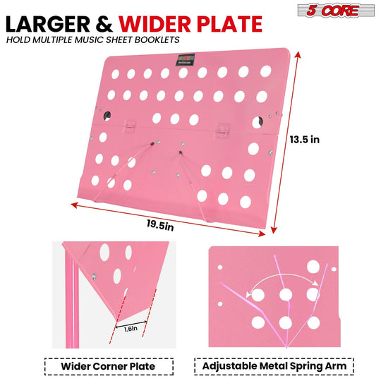 5Core adjustable pink music stand with tripod base, folding design for sheet music