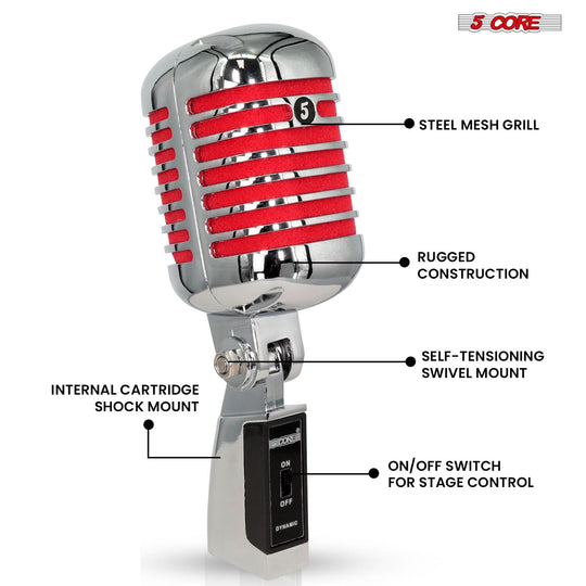 5Core red dynamic mic with vintage body for clear vocal sound
