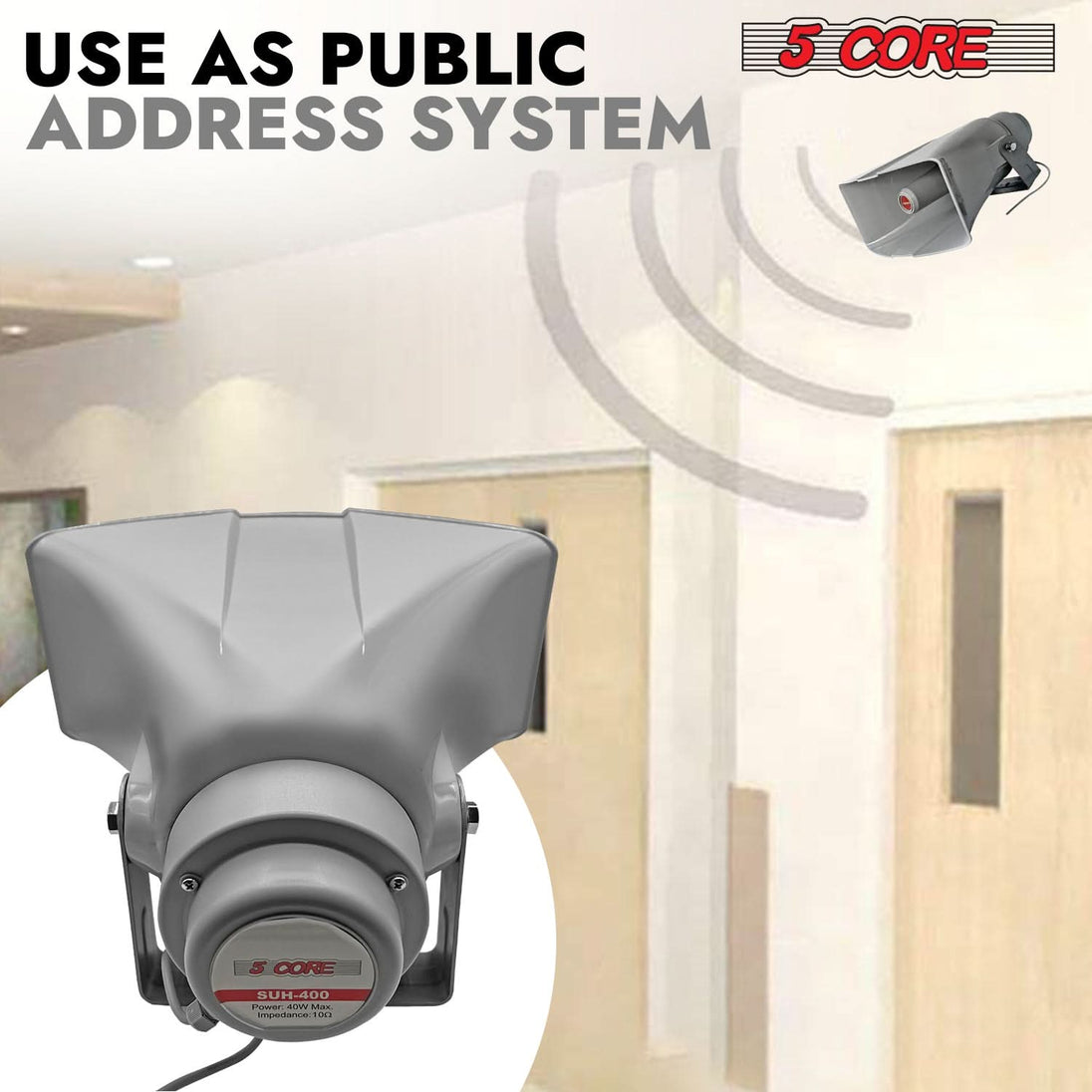 5Core 40W RMS outdoor PA horn speaker, 8x16" loudspeaker with siren and megaphone driver