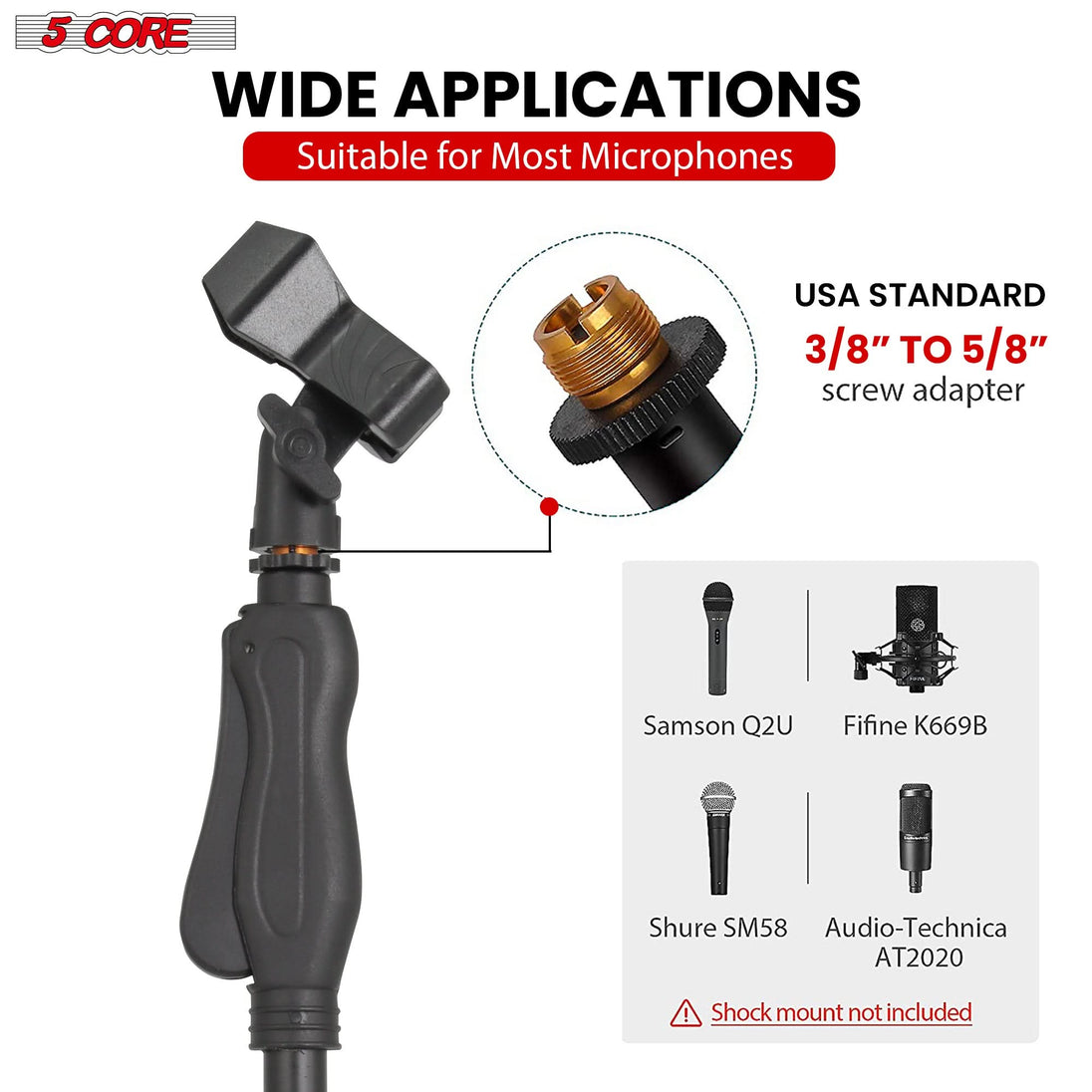 5Core universal floor mic holder, height adjustable microphone stand 35 to 57" round base metal build