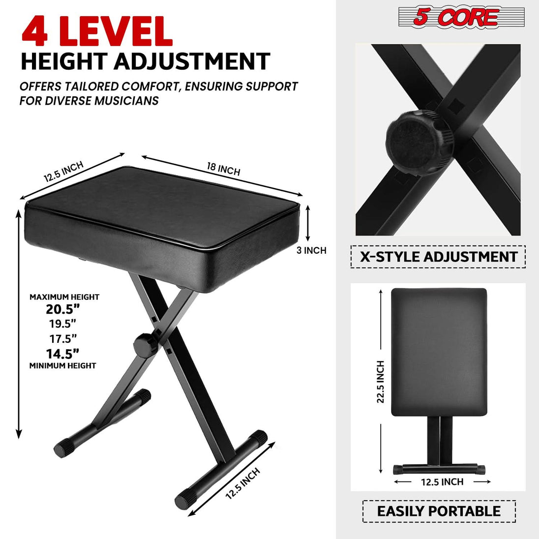 Black Heavy Duty Z Style Keyboard Stand with Piano Bench Seat