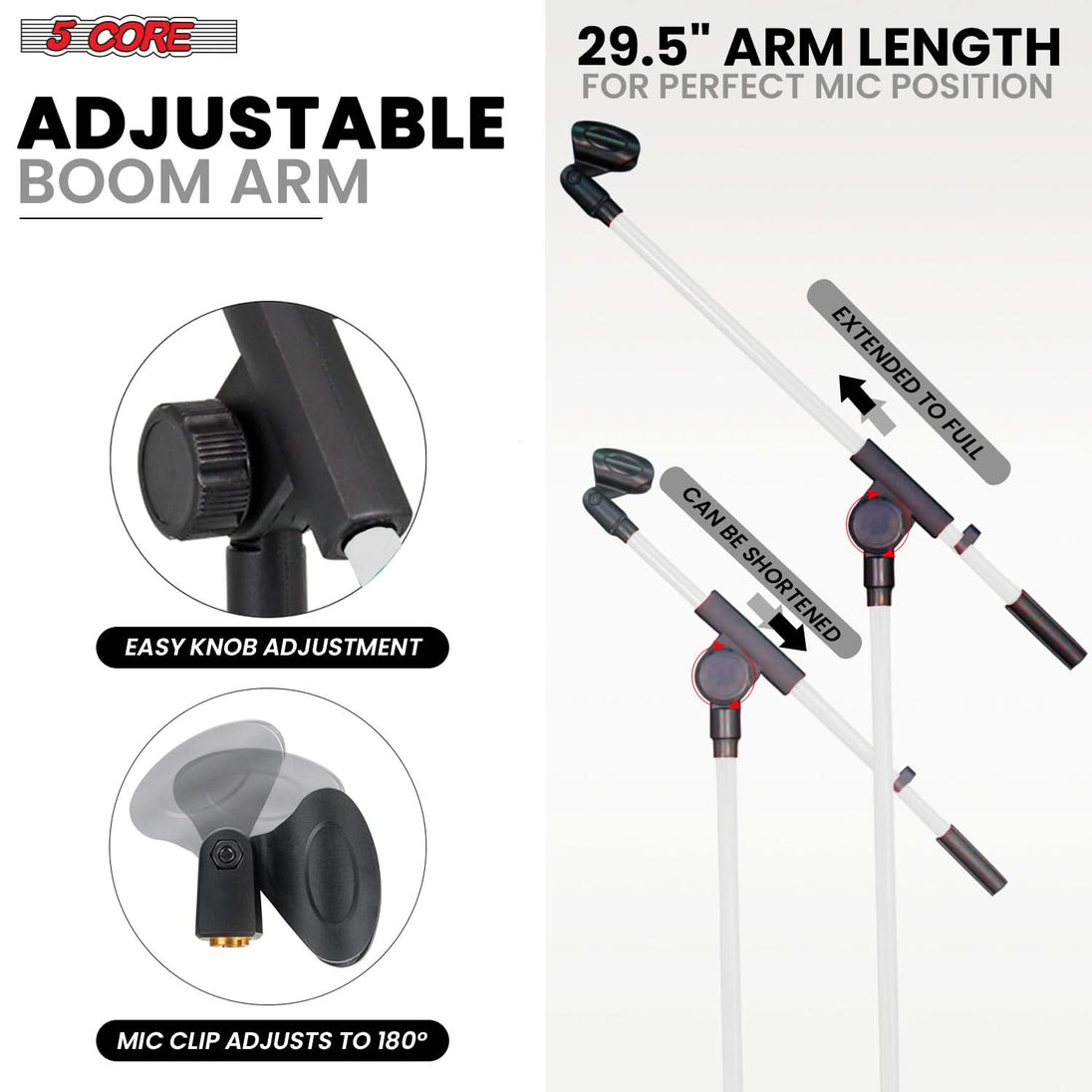 Ergonomic 5Core microphone stand with flexible arm and tripod legs