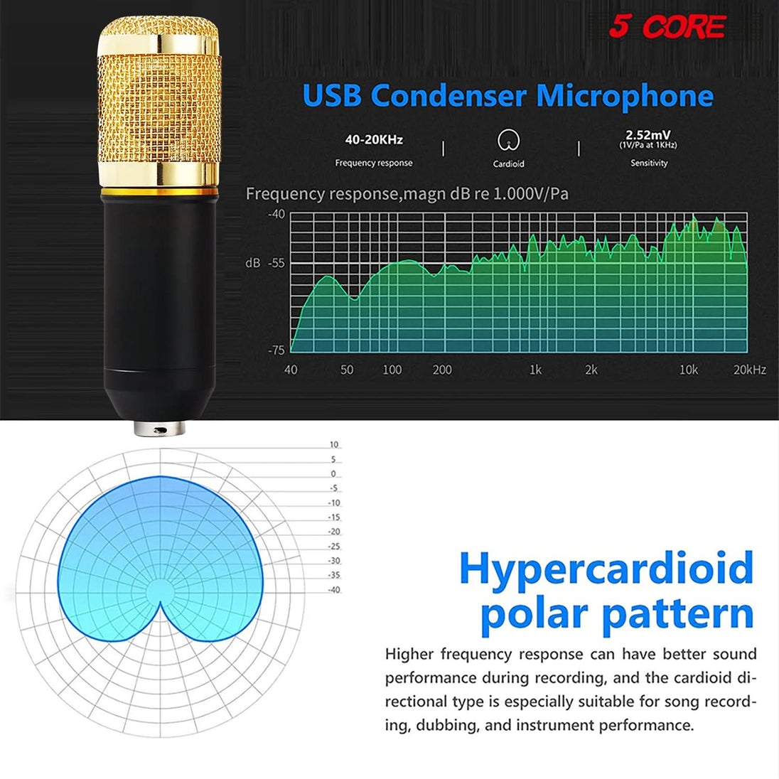 5Core condenser cardioid mic kit podcast bundle with boom arm for professional recording