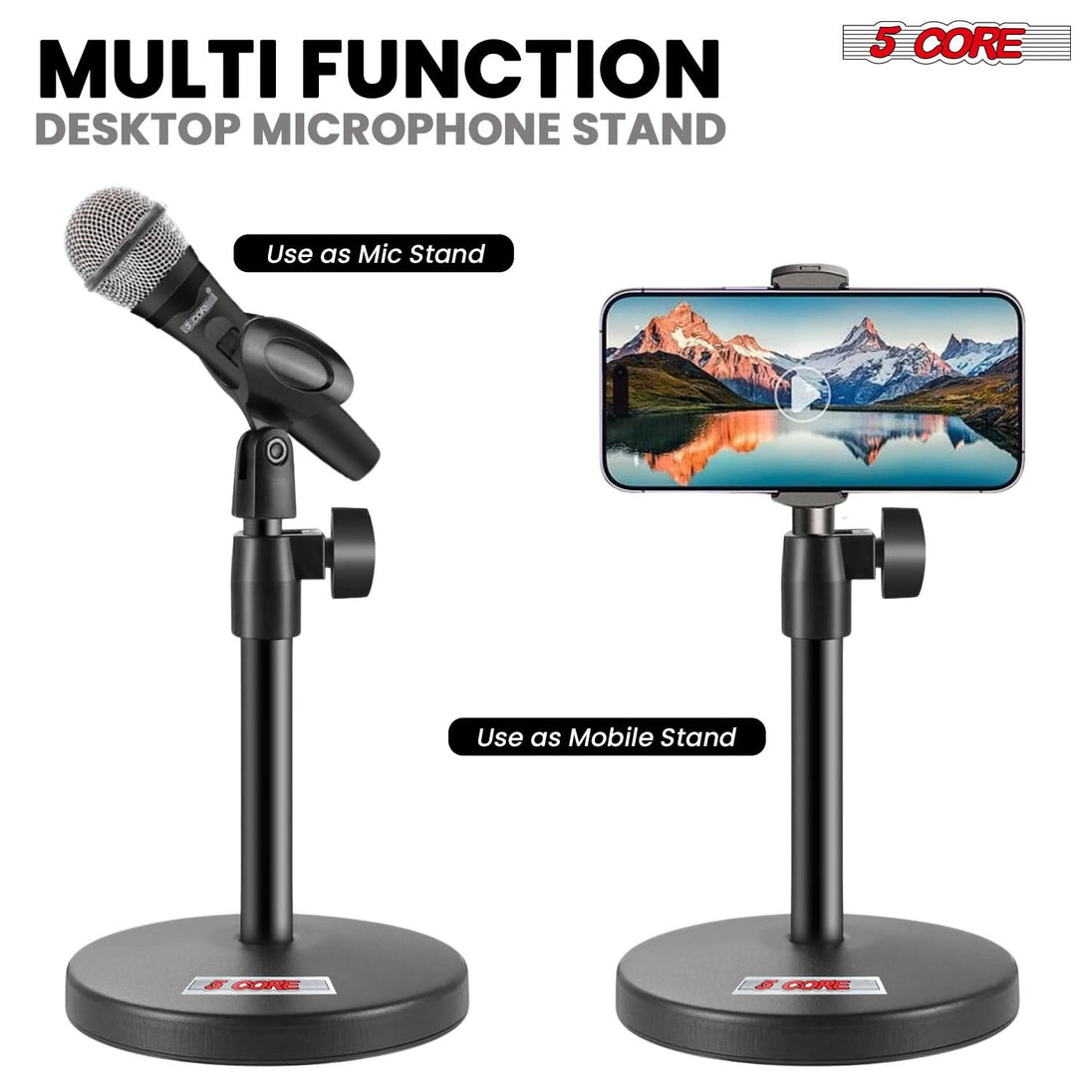 Adjustable 3-in-1 microphone stand with phone holder for desk setups by 5Core